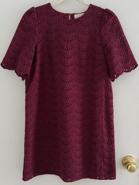 Sezane NWOT Tierra Crochet Short Sleeve Burgundy Scalloped Dress Size 34/Size 2